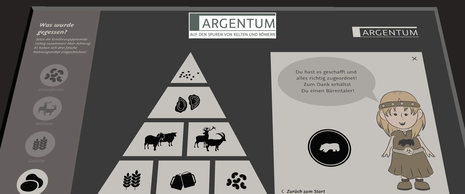 Dargestellt ist die Ansicht eines multimedial umgesetzten Quiz zum Thema Ernährung der Kelten und Römer.